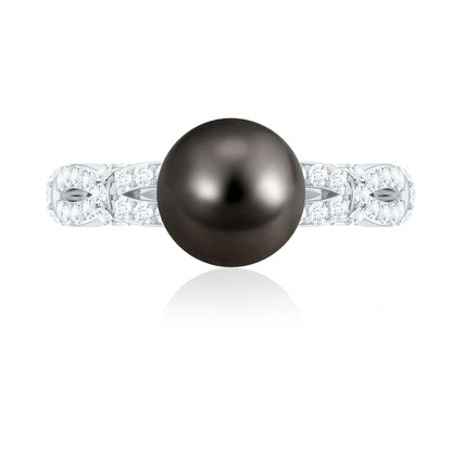 7.5 Carat Genuine Black Pearl and Diamond Engagement Ring