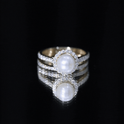 Round Freshwater Pearl and Moissanite Halo Wedding Ring Set