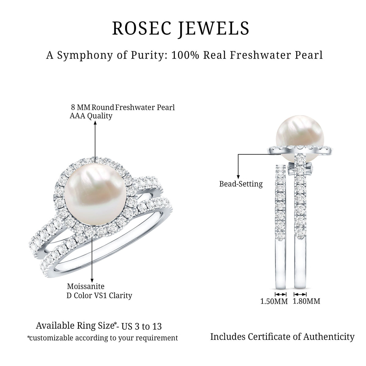 Round Freshwater Pearl and Moissanite Halo Wedding Ring Set