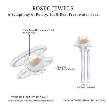 Real 7.4 Carat Freshwater Pearl Diamond Wedding Bridal Ring Set for Women