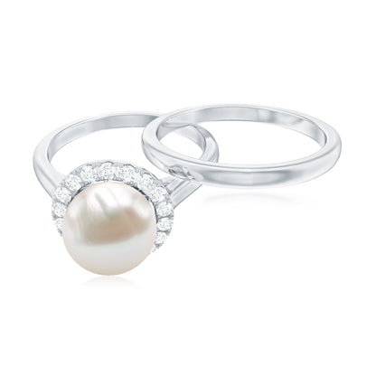 Real 7.4 Carat Freshwater Pearl Diamond Wedding Bridal Ring Set for Women