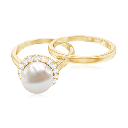 Real 7.4 Carat Freshwater Pearl Diamond Wedding Bridal Ring Set for Women