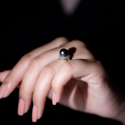 Real Tahitian Pearl and Diamond Crossover Engagement Ring