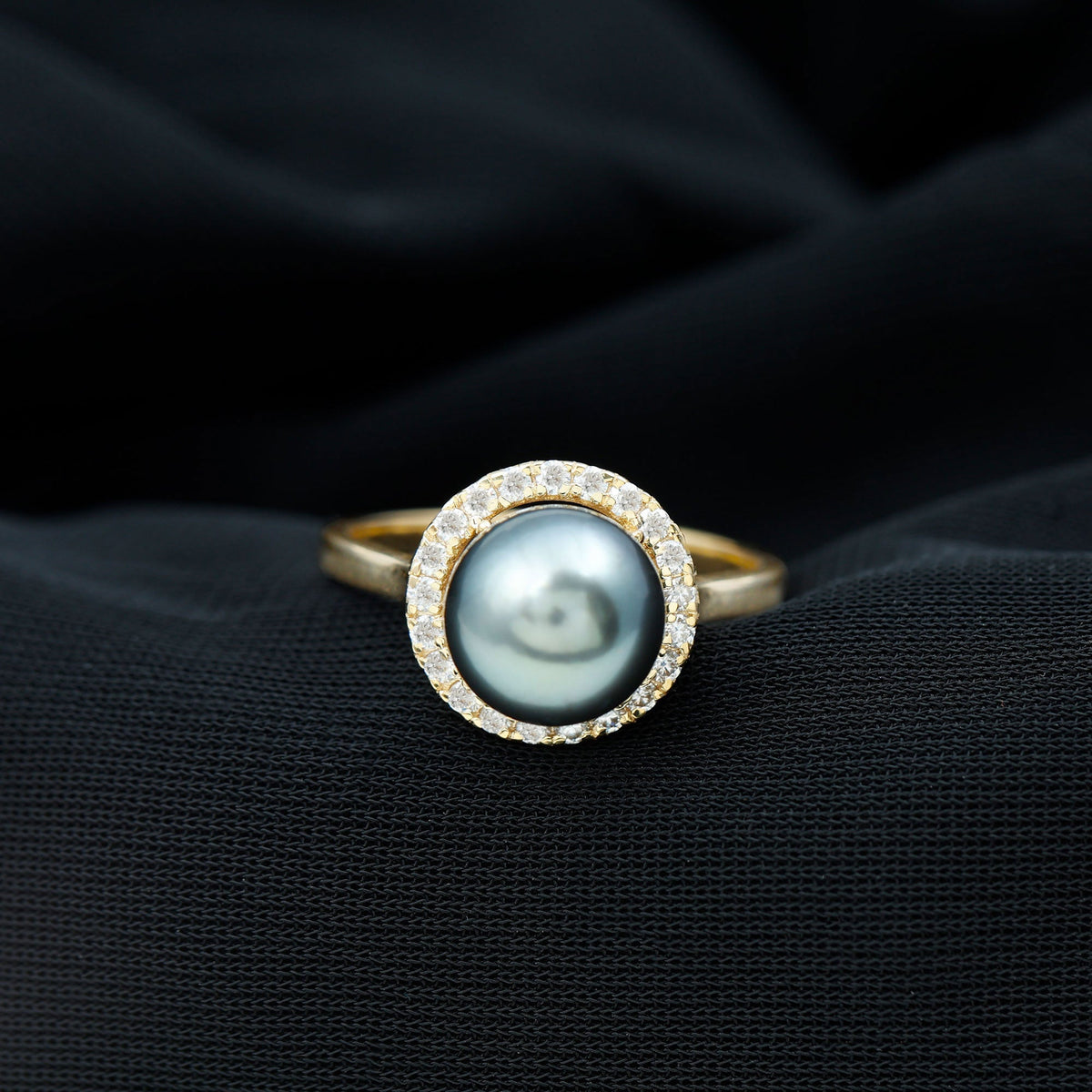 Genuine Tahitian Black Pearl and Diamond Engagement Ring