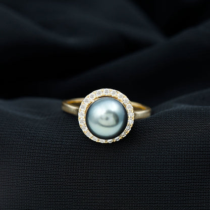 Genuine Tahitian Black Pearl and Diamond Engagement Ring