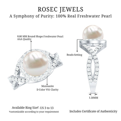 7.4 Carat Freshwater Pearl Engagement Ring with Moissanite Crossover Shank