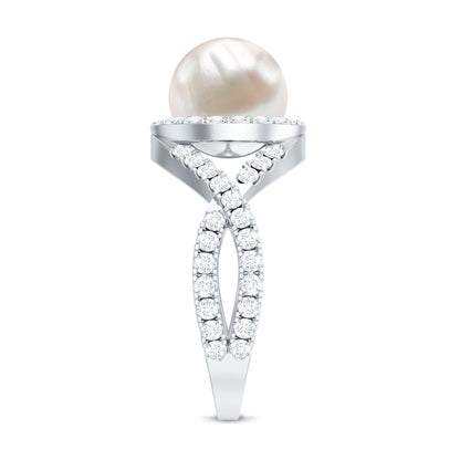 7.4 Carat Freshwater Pearl Engagement Ring with Moissanite Crossover Shank