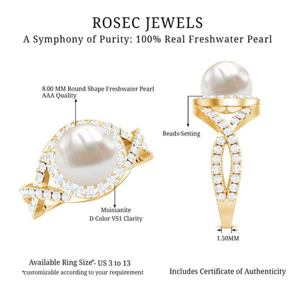 7.4 Carat Freshwater Pearl Engagement Ring with Moissanite Crossover Shank