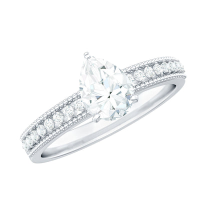Pear Shaped Moissanite Solitaire Engagement Ring with Beaded Design