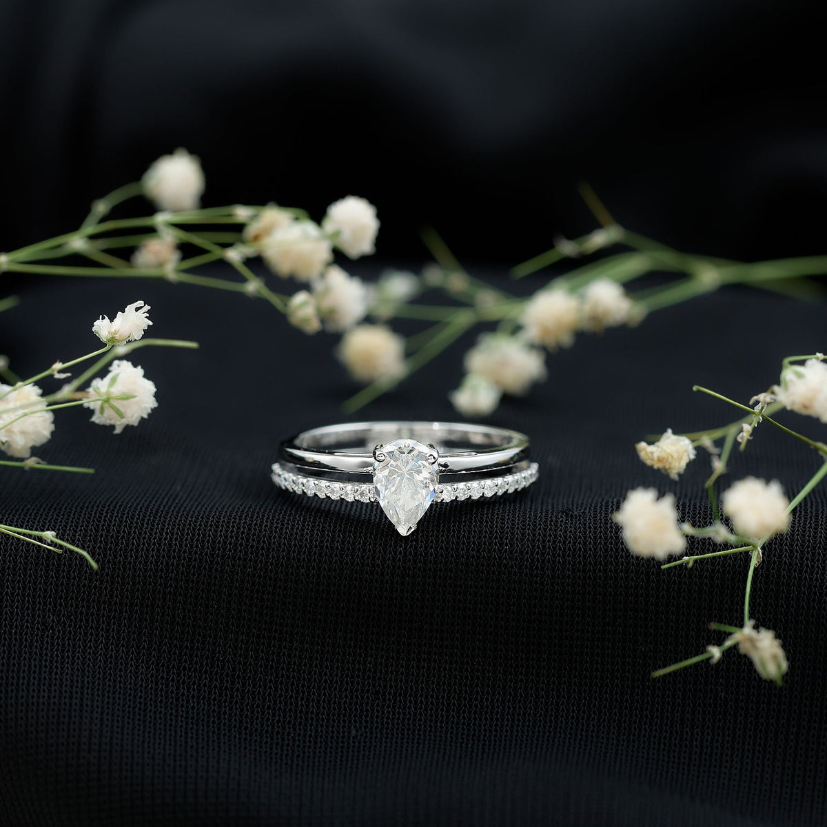 Pear Cut Solitaire Moissanite Double Band Engagement Ring