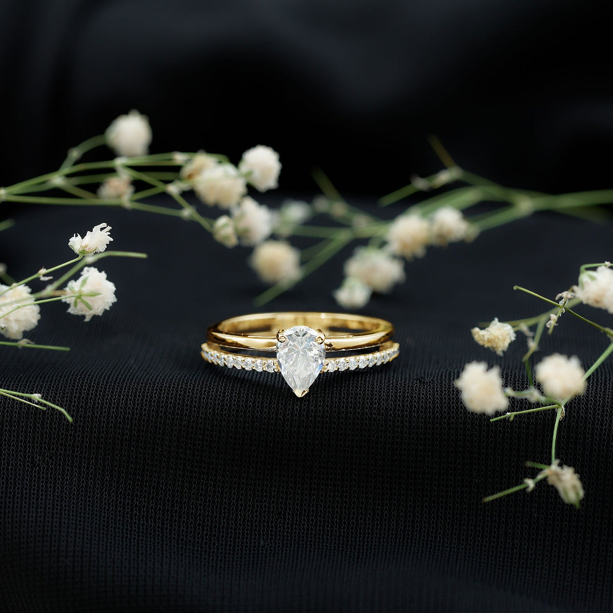 Pear Cut Solitaire Moissanite Double Band Engagement Ring