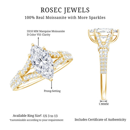 Certified 1 Carat Moissanite Marquise Engagement Ring with Split Shank