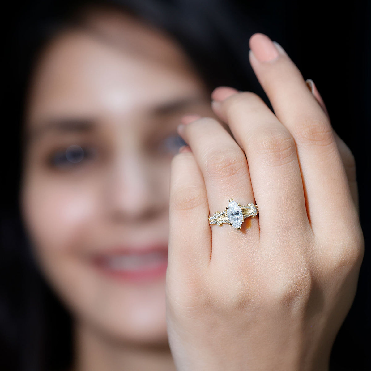 Certified 1 Carat Moissanite Marquise Engagement Ring with Split Shank