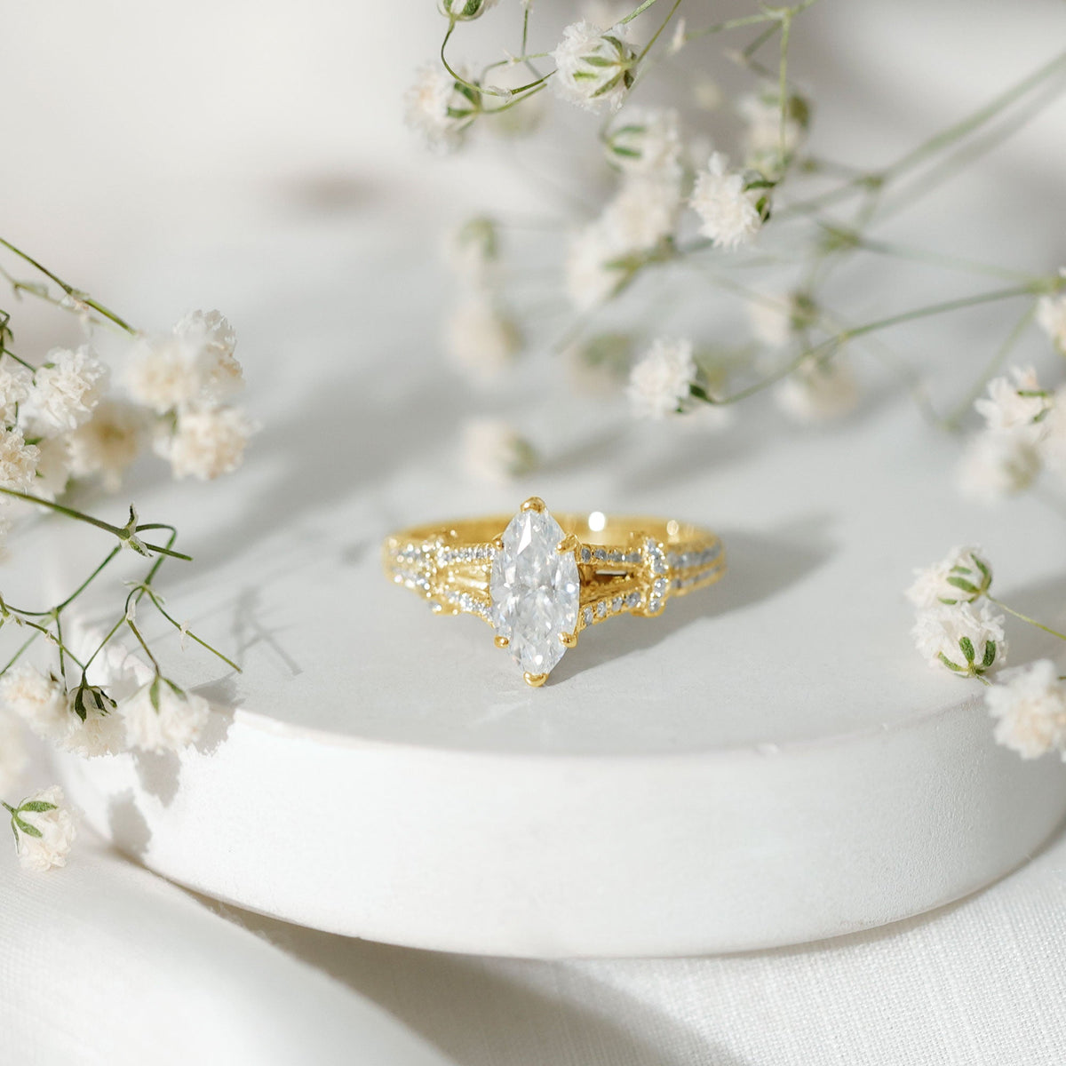 Certified 1 Carat Moissanite Marquise Engagement Ring with Split Shank