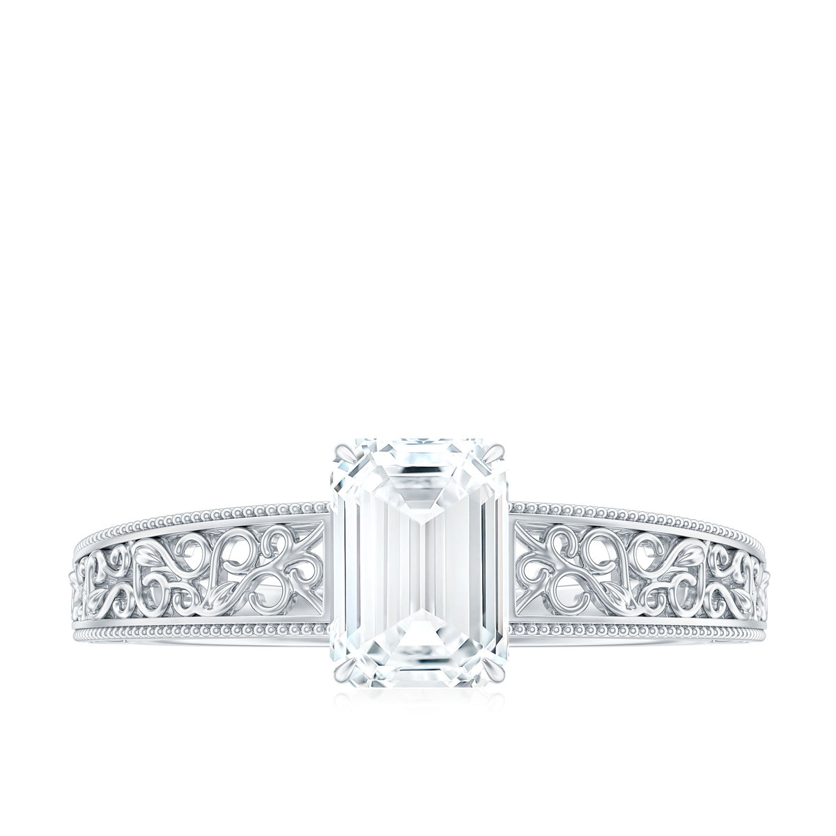 Certified Emerald Cut Moissanite Filigree Engagement Ring for Women