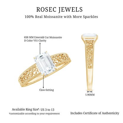 Certified Emerald Cut Moissanite Filigree Engagement Ring for Women