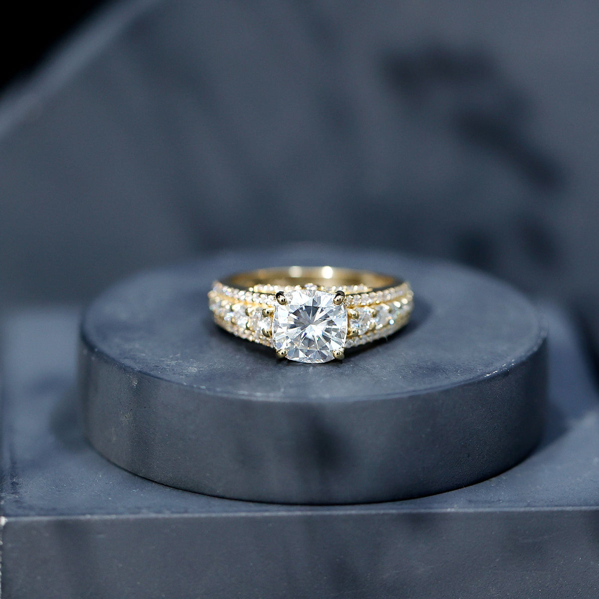 3 Carat Cushion Cut Moissanite Engagement Ring with Side Stones