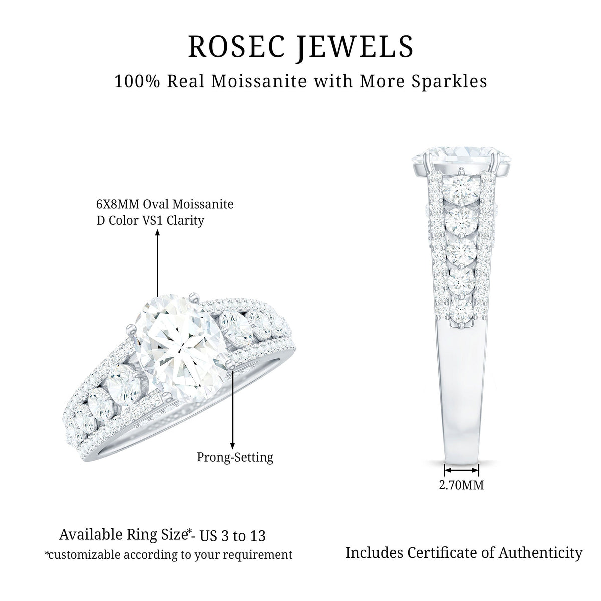 Certified Moissanite Oval Engagement Ring with Side Stones