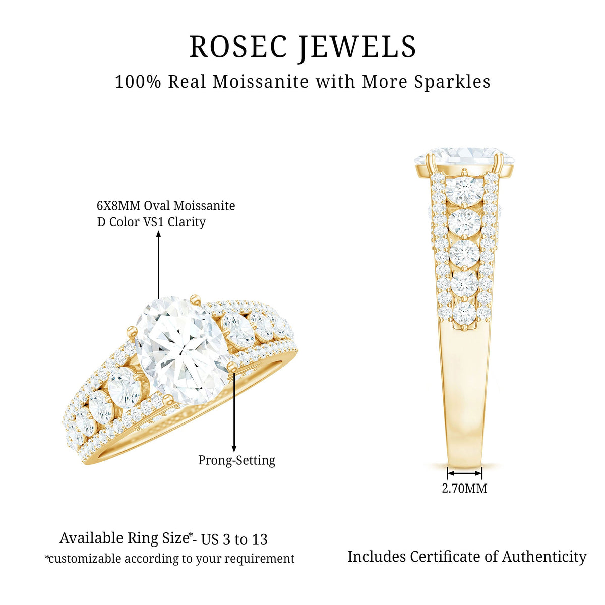 Certified Moissanite Oval Engagement Ring with Side Stones
