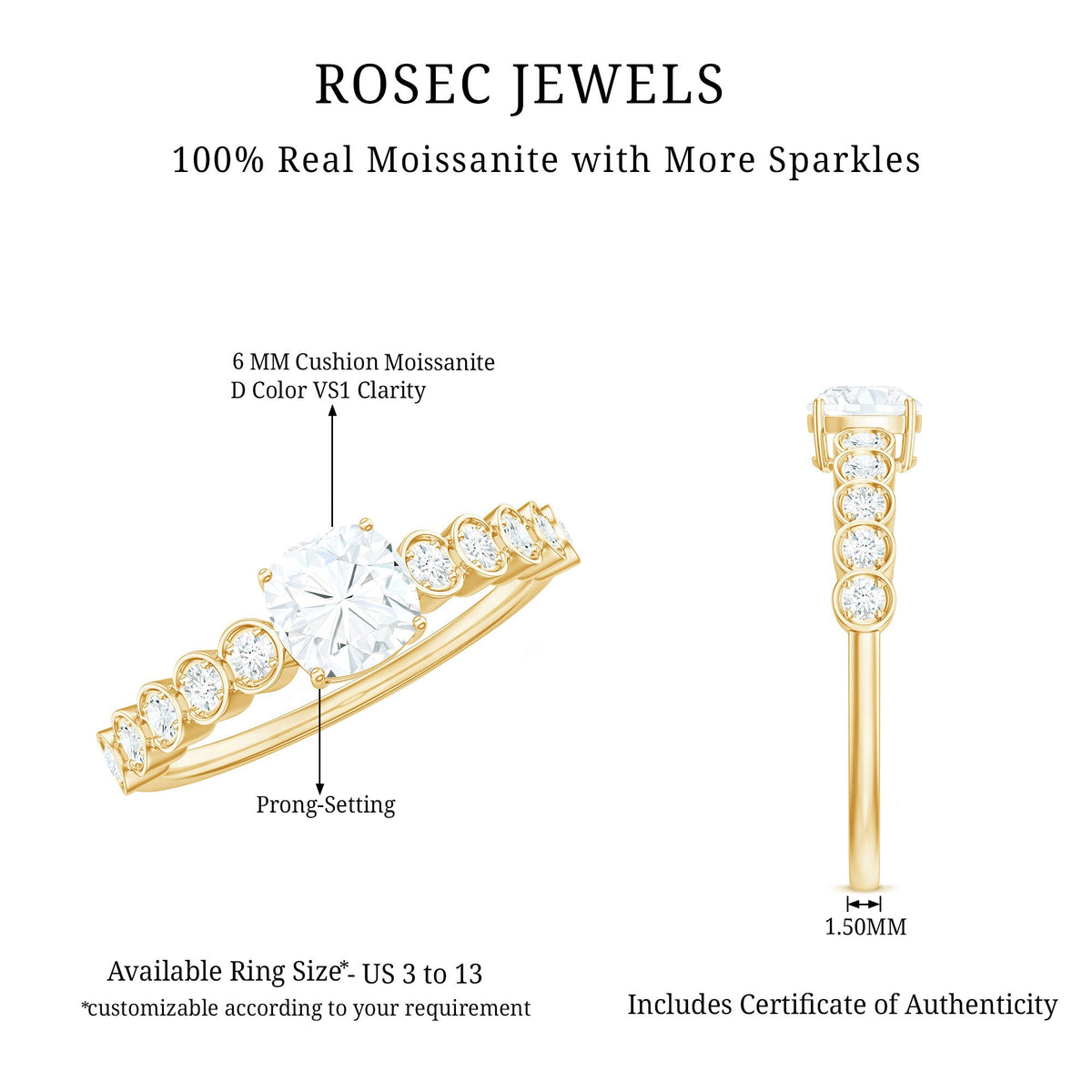 1.7 Carat Cushion Cut Moissanite Solitaire Engagement Ring with Side Stones