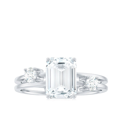 1.8 Carat Emerald Cut Moissanite Solitaire Double Band Engagement Ring