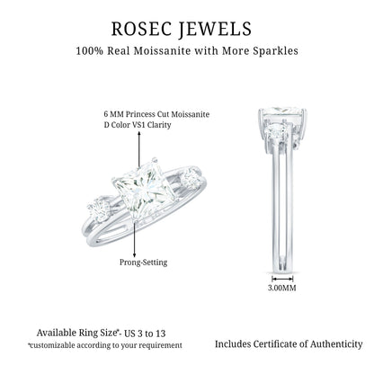 Princess Cut Moissanite Engagement Ring with Double Band