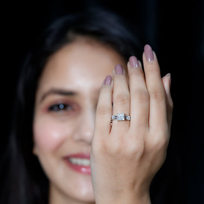 Princess Cut Moissanite Engagement Ring with Double Band