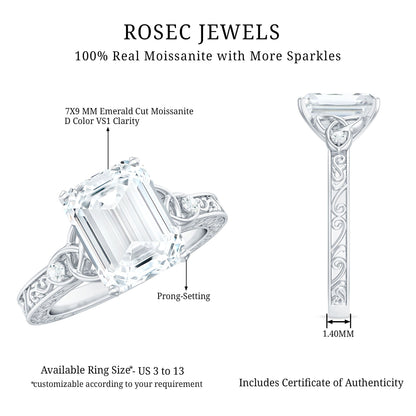 2.8 Carat Emerald Cut Moissanite Solitaire Celtic Ring with Engraved Shank