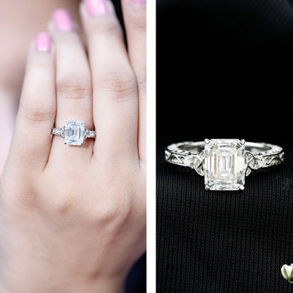 2.8 Carat Emerald Cut Moissanite Solitaire Celtic Ring with Engraved Shank