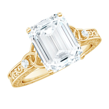 2.8 Carat Emerald Cut Moissanite Solitaire Celtic Ring with Engraved Shank