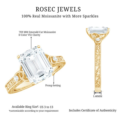 2.8 Carat Emerald Cut Moissanite Solitaire Celtic Ring with Engraved Shank