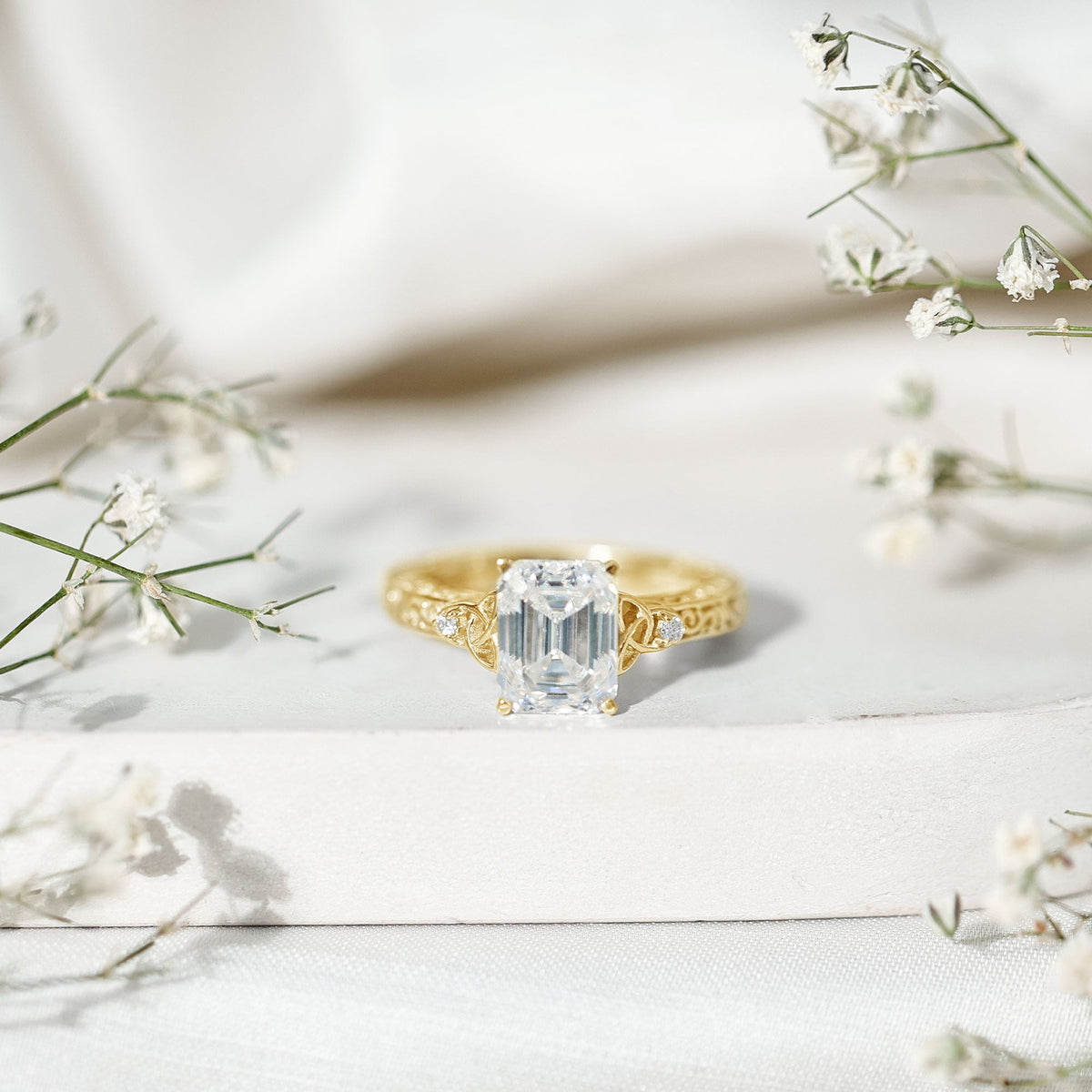 2.8 Carat Emerald Cut Moissanite Solitaire Celtic Ring with Engraved Shank
