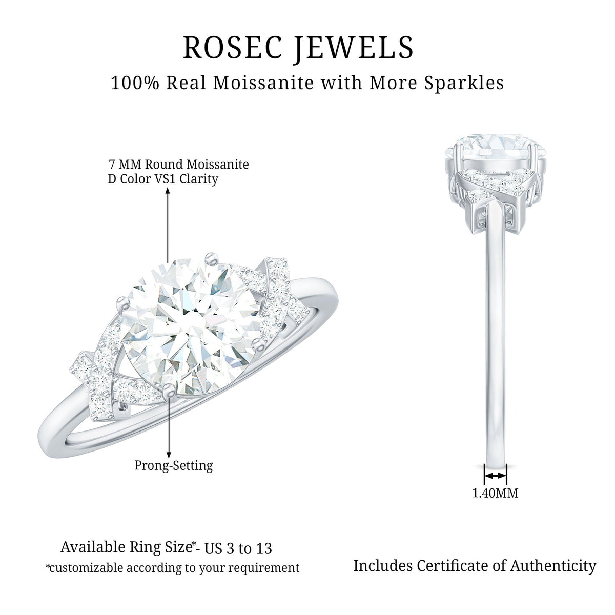 1.3 Carat Brilliant Cut Moissanite Solitaire Engagement Ring for Women