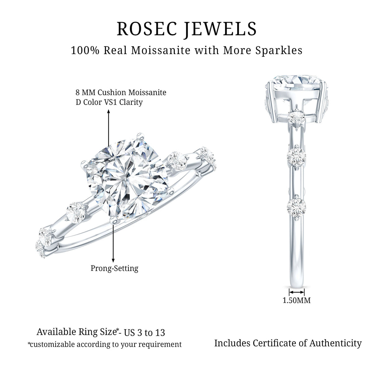 Certified Cushion Cut Moissanite Huge Engagement Ring
