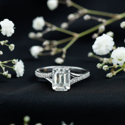 Emerald Cut Moissanite Solitaire Engagement Ring with Split Shank
