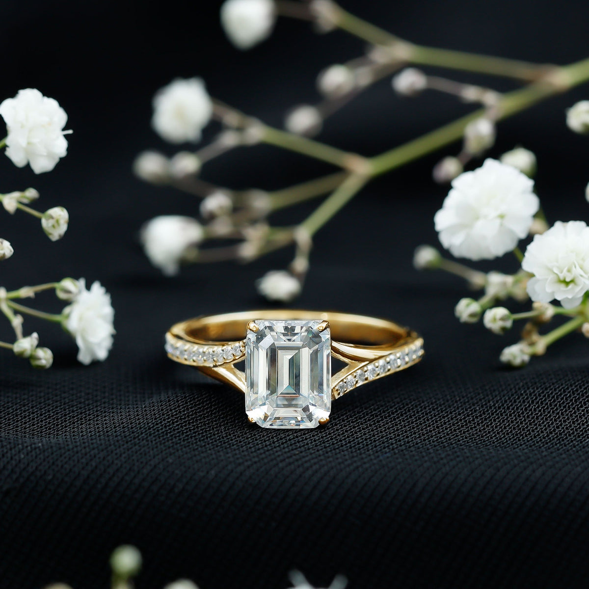 Emerald Cut Moissanite Solitaire Engagement Ring with Split Shank