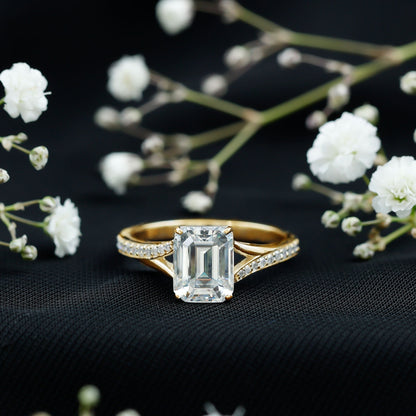 Emerald Cut Moissanite Solitaire Engagement Ring with Split Shank