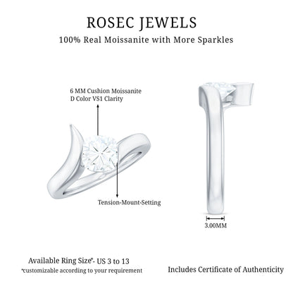 1.7 Carat Cushion Cut Moissanite Solitaire Engagement Ring with Bypass Shank