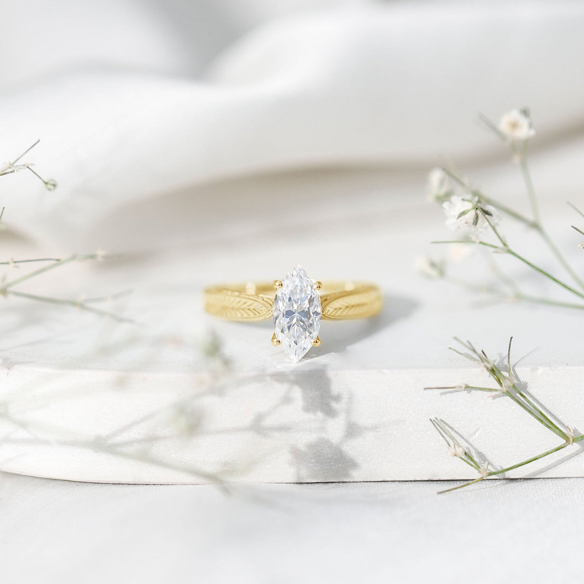 1 Carat Moissanite Marquise Engagement Ring with Leaf Engraved Shank