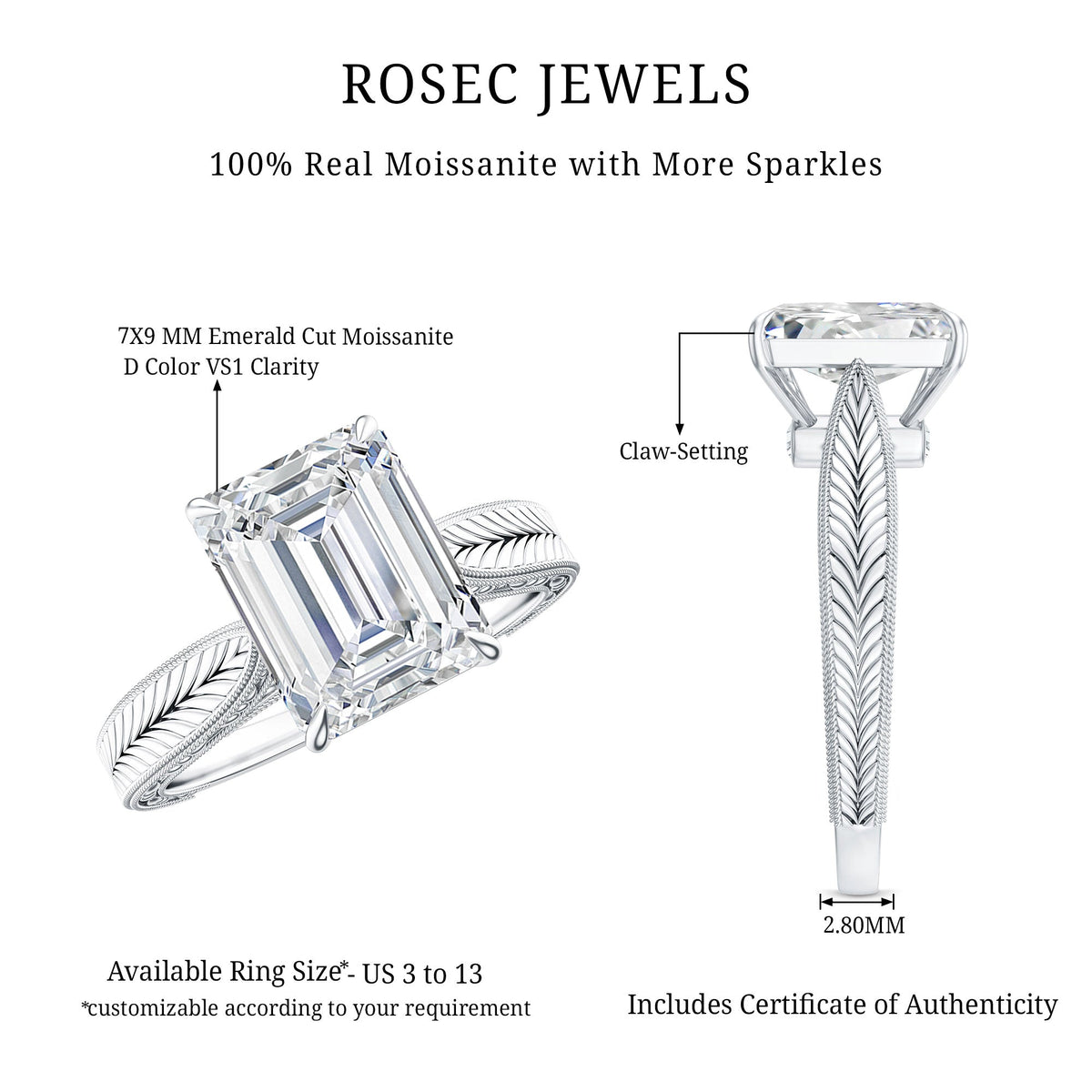 2.8 Carat Emerald Cut Certified Moissanite Vintage Inspired Engagement Ring