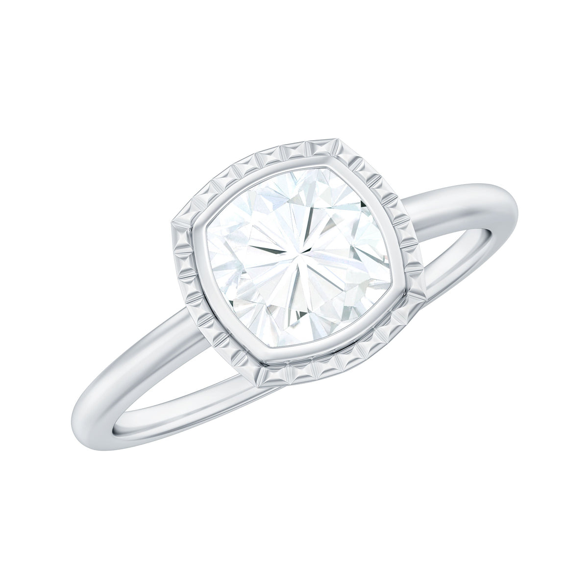 1.7 Carat Cushion Cut Moissanite Solitaire Ring in Bezel Setting