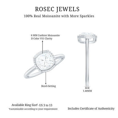 1.7 Carat Cushion Cut Moissanite Solitaire Ring in Bezel Setting