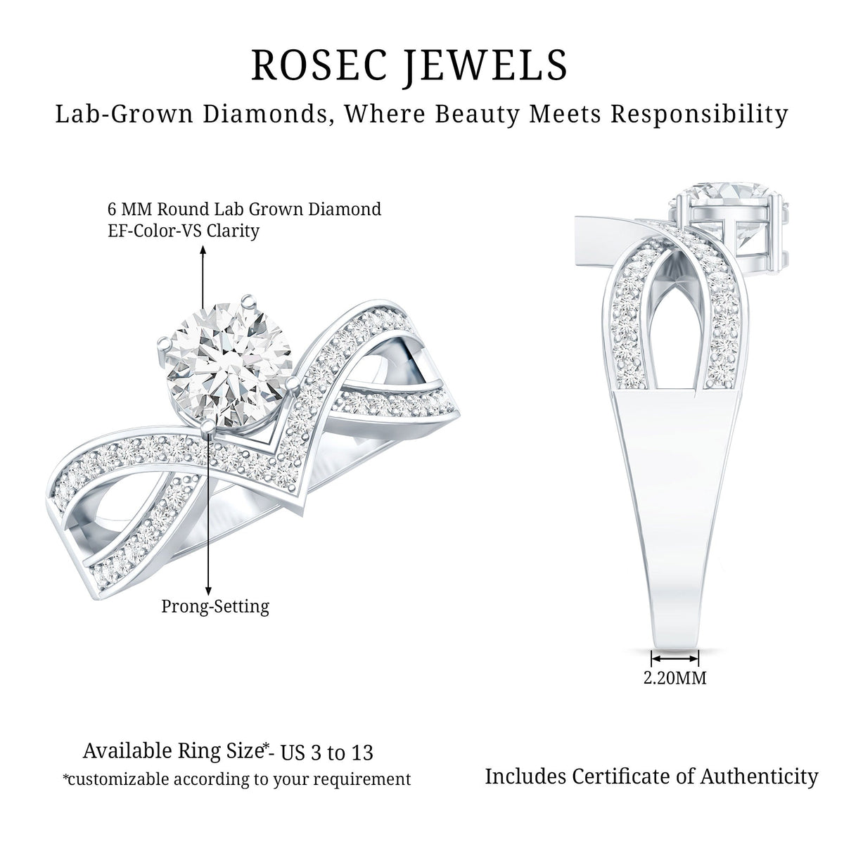 Certified Lab Grown Diamond Designer Solitaire Engagement Ring