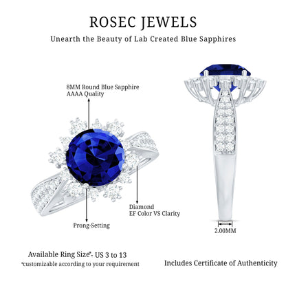 Lab Grown Blue Sapphire Round Engagement Ring with Diamond Accent