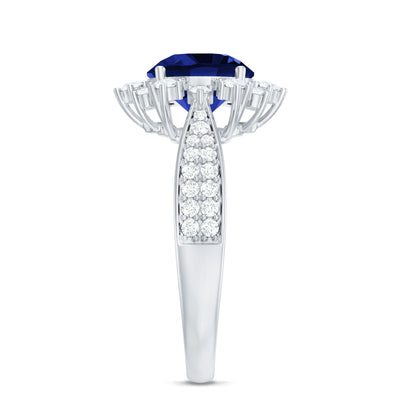 Lab Grown Blue Sapphire Round Engagement Ring with Diamond Accent