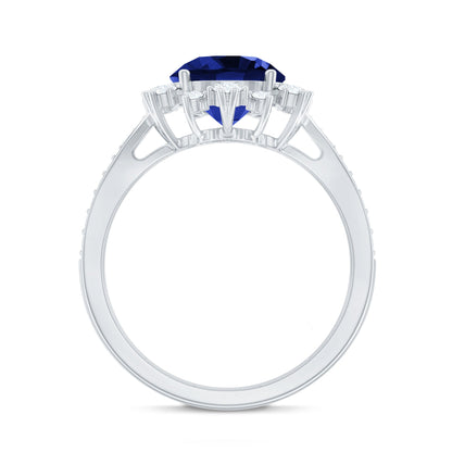 Lab Grown Blue Sapphire Round Engagement Ring with Diamond Accent