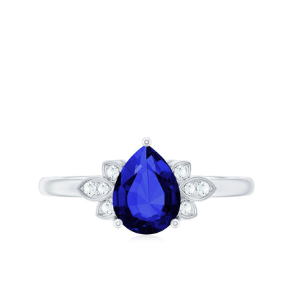 Certified Lab Grown Blue Sapphire Teardrop Engagement Ring with Diamonds