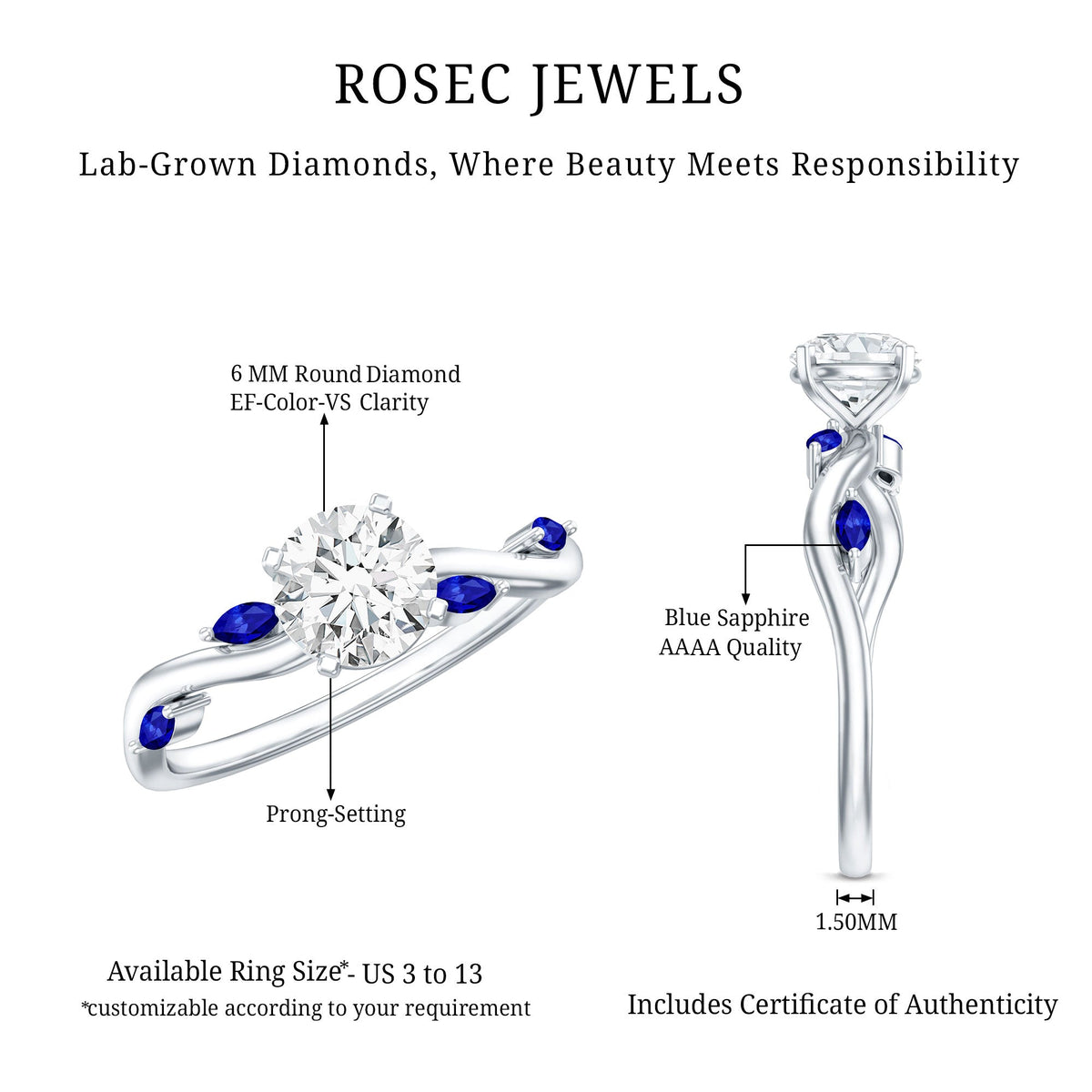 Certified Lab Grown Diamond Engagement Ring with Sapphire