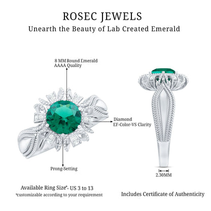 Lab Grown Emerald Vintage Style Flower Engagement Ring With Diamond