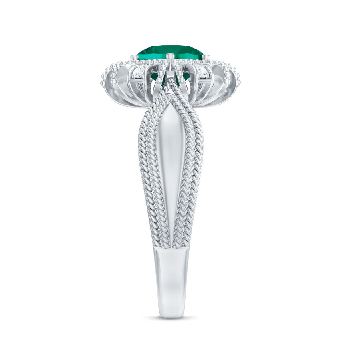 Lab Grown Emerald Vintage Style Flower Engagement Ring With Diamond